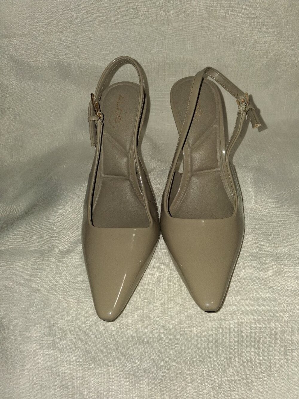 ALDO Marysa Taupe Beige Patent Slingback Pumps Gold Stiletto Heel - Size 7